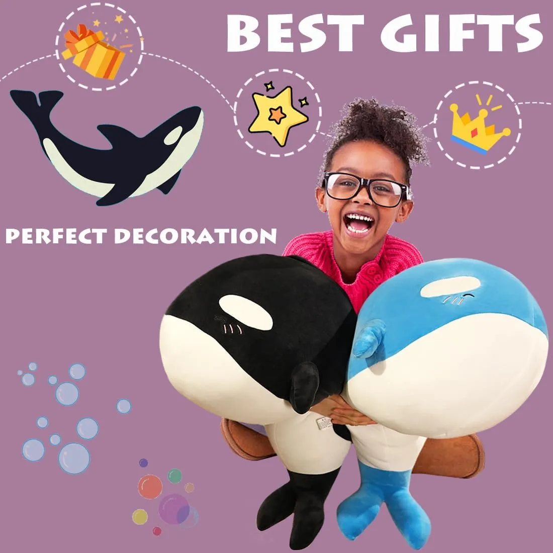 ELAINREN Ultra-Soft Blue Orca Plush Pillow Cuddle Killer Whale Stuffed Ocean Toy Chubby Orcinus Orca Plushie Cushion/23.6''