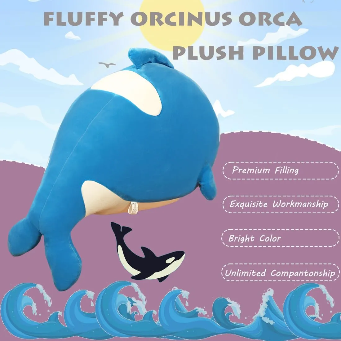 ELAINREN Ultra-Soft Blue Orca Plush Pillow Cuddle Killer Whale Stuffed Ocean Toy Chubby Orcinus Orca Plushie Cushion/23.6''