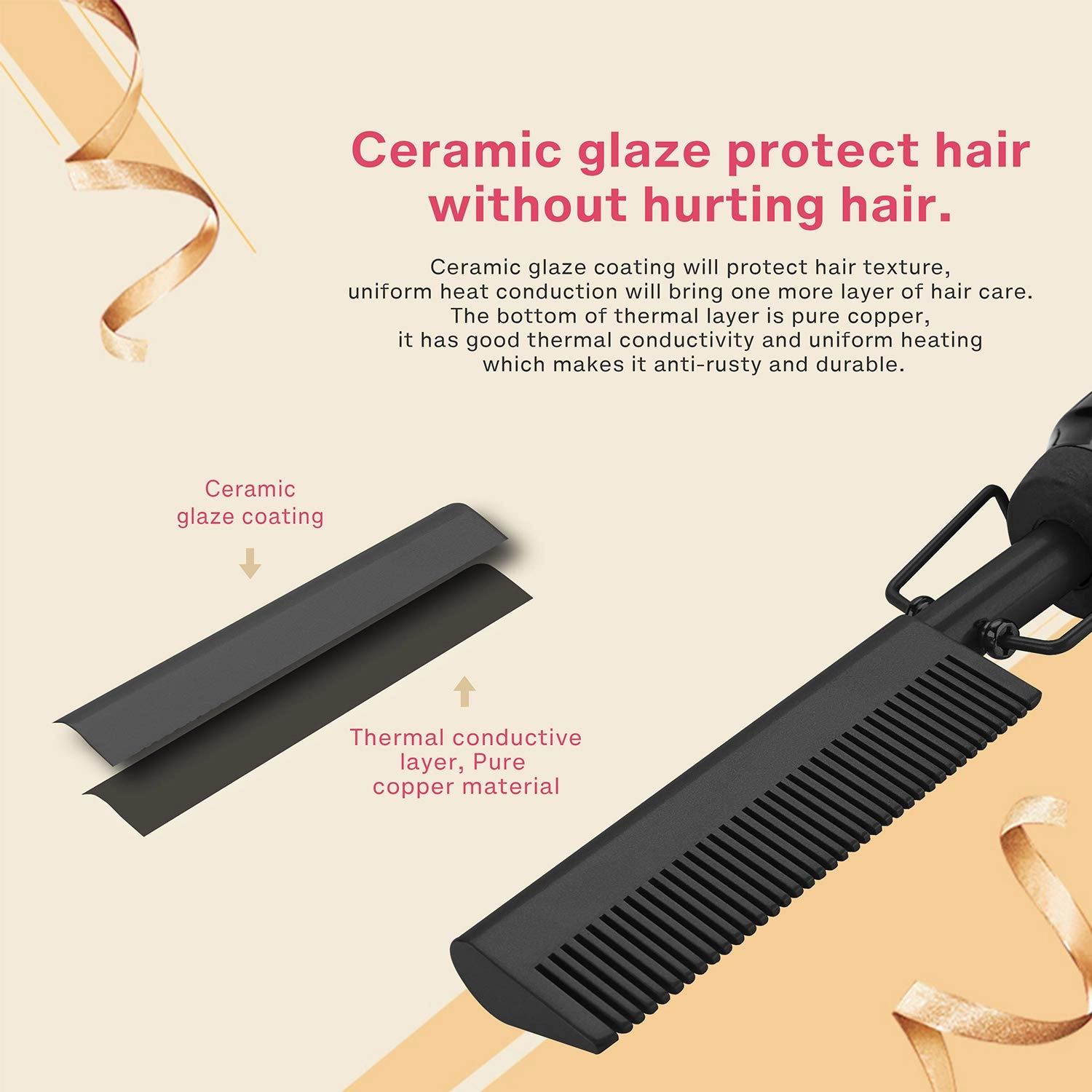 Electric Hot Ceramic Curler Straightener Brush Pressing Iron for Natural Black Hair, Anti-Scald Wig and Beard Straightening Comb