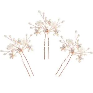 Elegant Pearl Wedding Hair Pins, Floral Crystal Hair Accessories for Bridal Women, Pack of 3 (Rose Gold)
