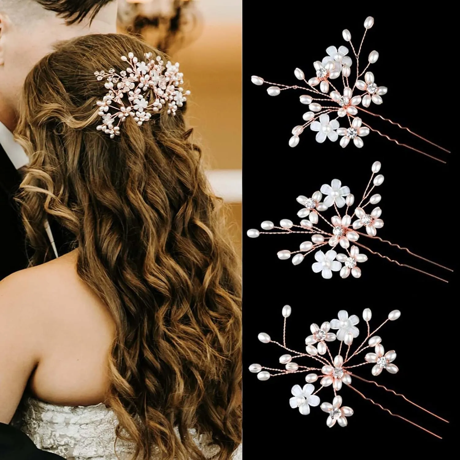 Elegant Pearl Wedding Hair Pins, Floral Crystal Hair Accessories for Bridal Women, Pack of 3 (Rose Gold)