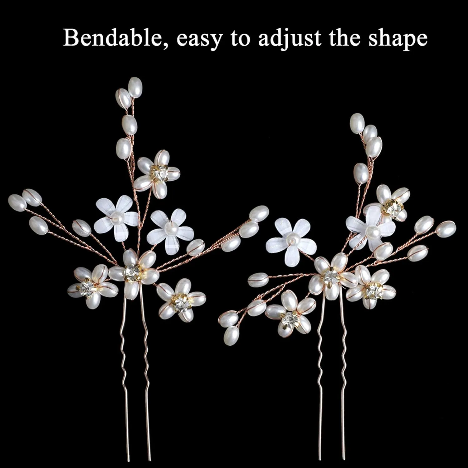 Elegant Pearl Wedding Hair Pins, Floral Crystal Hair Accessories for Bridal Women, Pack of 3 (Rose Gold)