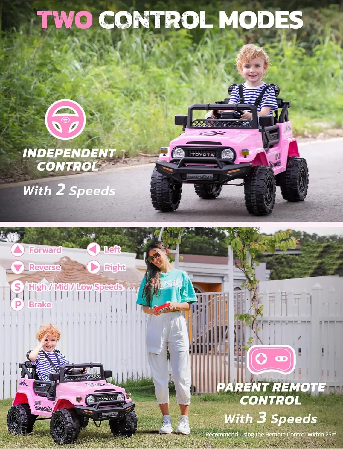 ELEMARA Ride on Car, 12V 7AH Toyota FJ40 Electric Off-Road SUV Vehicle, 4 MPH Powered Ride on Truck, Ride on Toys w/Parental Remote,3 Speeds, 6 LED Lights, Bluetooth, Electric Cars for Kids, Pink