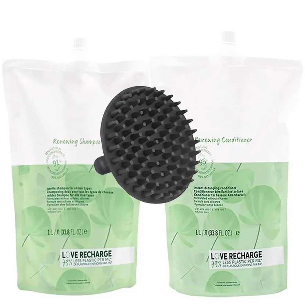 Elements Renewing Shampoo & Conditioner 1 Liter Pouch Duo Set   M Hair Designs Scalp Brush - for Healthy, Repairing, Revitalized, Nourishing Hair
