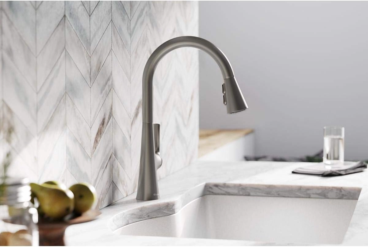 Elkay Harmony Single Hole Kitchen Faucet with Pull-down Spray and Forward Only Lever Handle, Lustrous Steel - LKHA1041LS