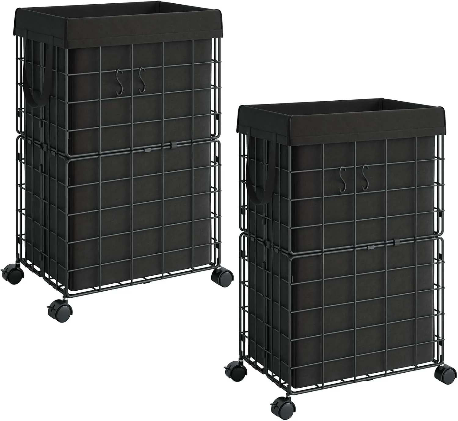 ELYKEN 2 Pack Laundry Hamper with Wheels, Durable Metal Wire Frame with Removable 70L/18.8Gal Capacity Inner Bag, Rolling Laundry Basket with Washable Liner Bag for Bathroom, Black
