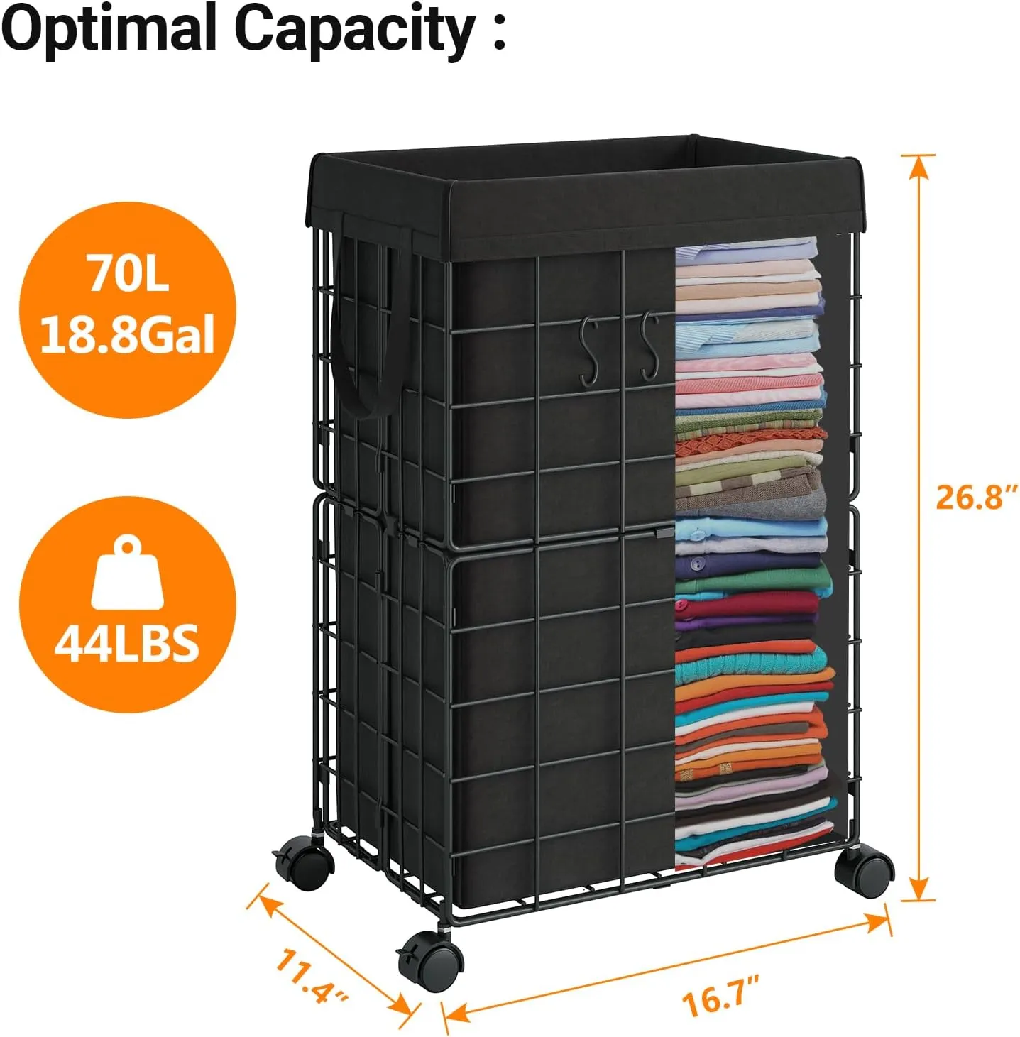 ELYKEN 2 Pack Laundry Hamper with Wheels, Durable Metal Wire Frame with Removable 70L/18.8Gal Capacity Inner Bag, Rolling Laundry Basket with Washable Liner Bag for Bathroom, Black