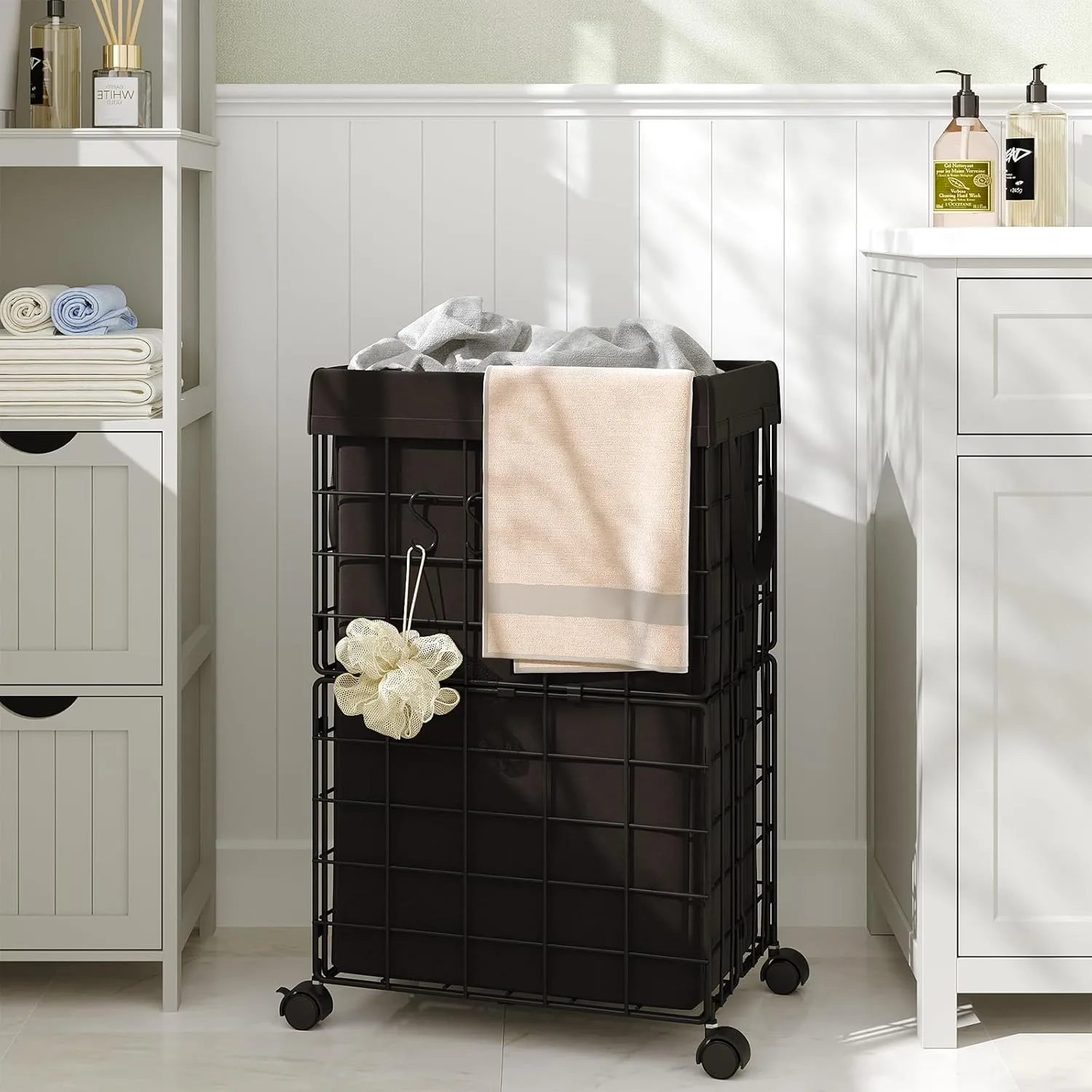 ELYKEN 2 Pack Laundry Hamper with Wheels, Durable Metal Wire Frame with Removable 70L/18.8Gal Capacity Inner Bag, Rolling Laundry Basket with Washable Liner Bag for Bathroom, Black