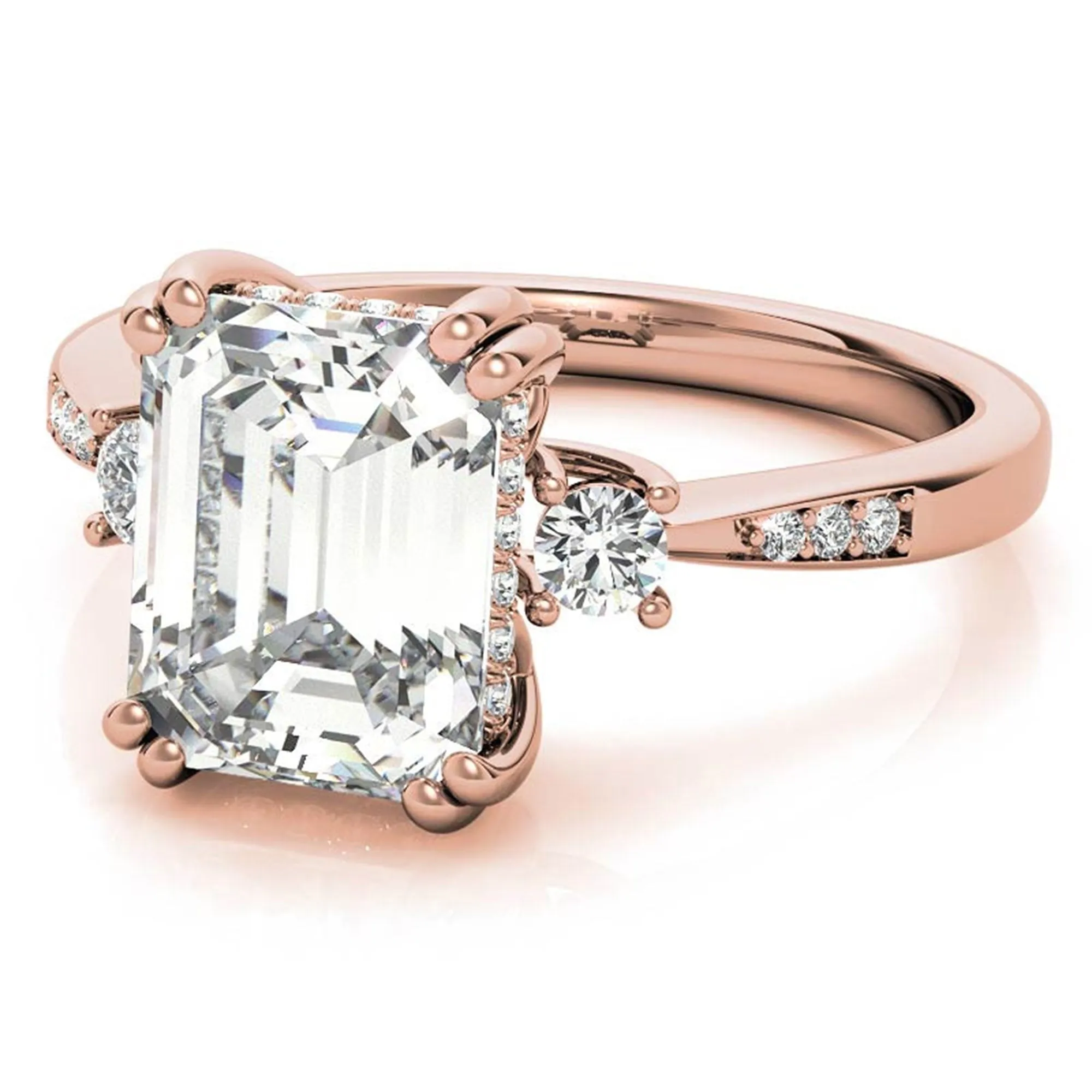 Emerald-Cut  With Two Round Stones Rose Gold Adjustable Sterling Silver Engagement Ring For Woman