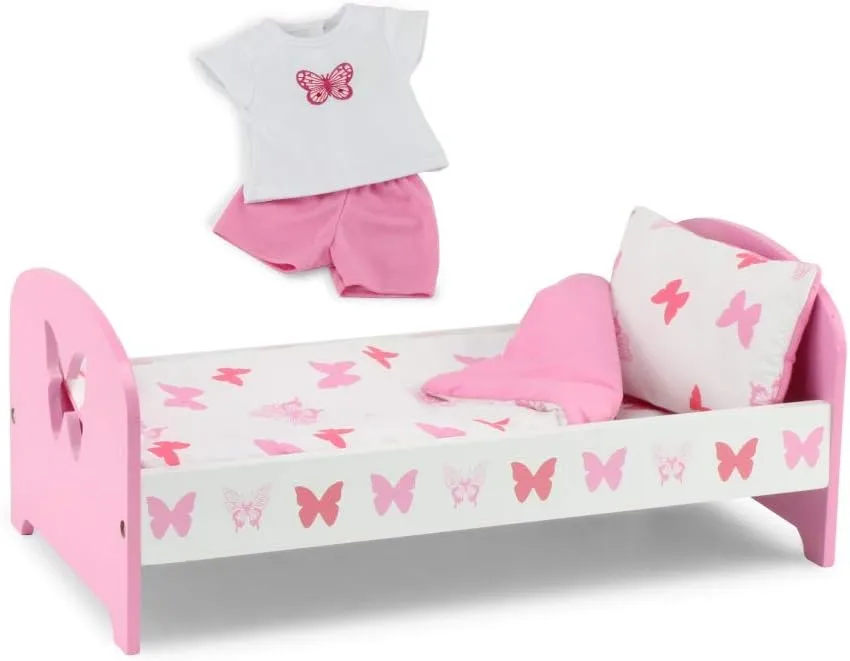 Emily Rose 18-inch Doll Pink Single Bed with Reversible Butterfly Bedding & Matching 2-PC PJs Pajamas Gift Set | USA Business | 18" Doll Furniture is Compatible with American Girl Dolls
