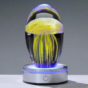 Enjinkail Handmade Jellyfish Lamp – Crystal Glass Figurine Colorful LED Night Light, Ocean-Themed Desk Decor, Aquarium & Beach Room Decor – Gifts for Women Nature Lovers (Yellow)
