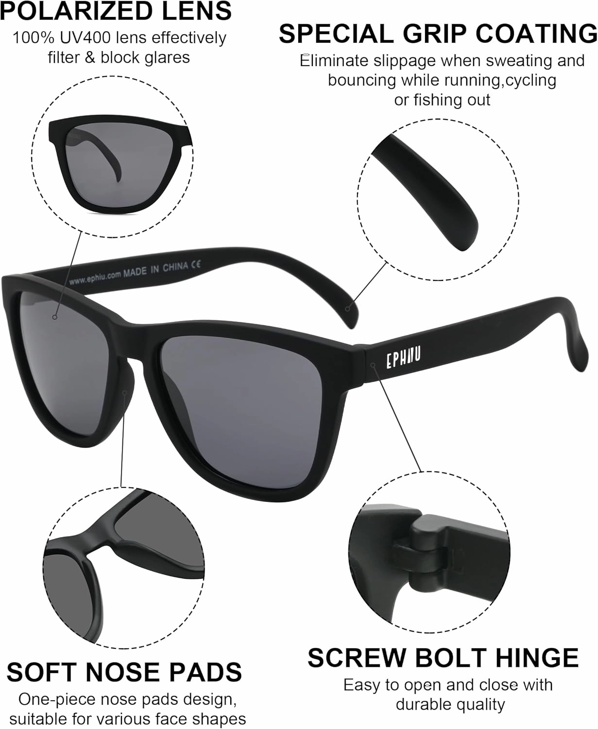 EPHIU Polarized Sports Sunglasses for Men & Women – UV400 No Slip No Bounce Mirror Lenses for Running/Cycling/Hiking