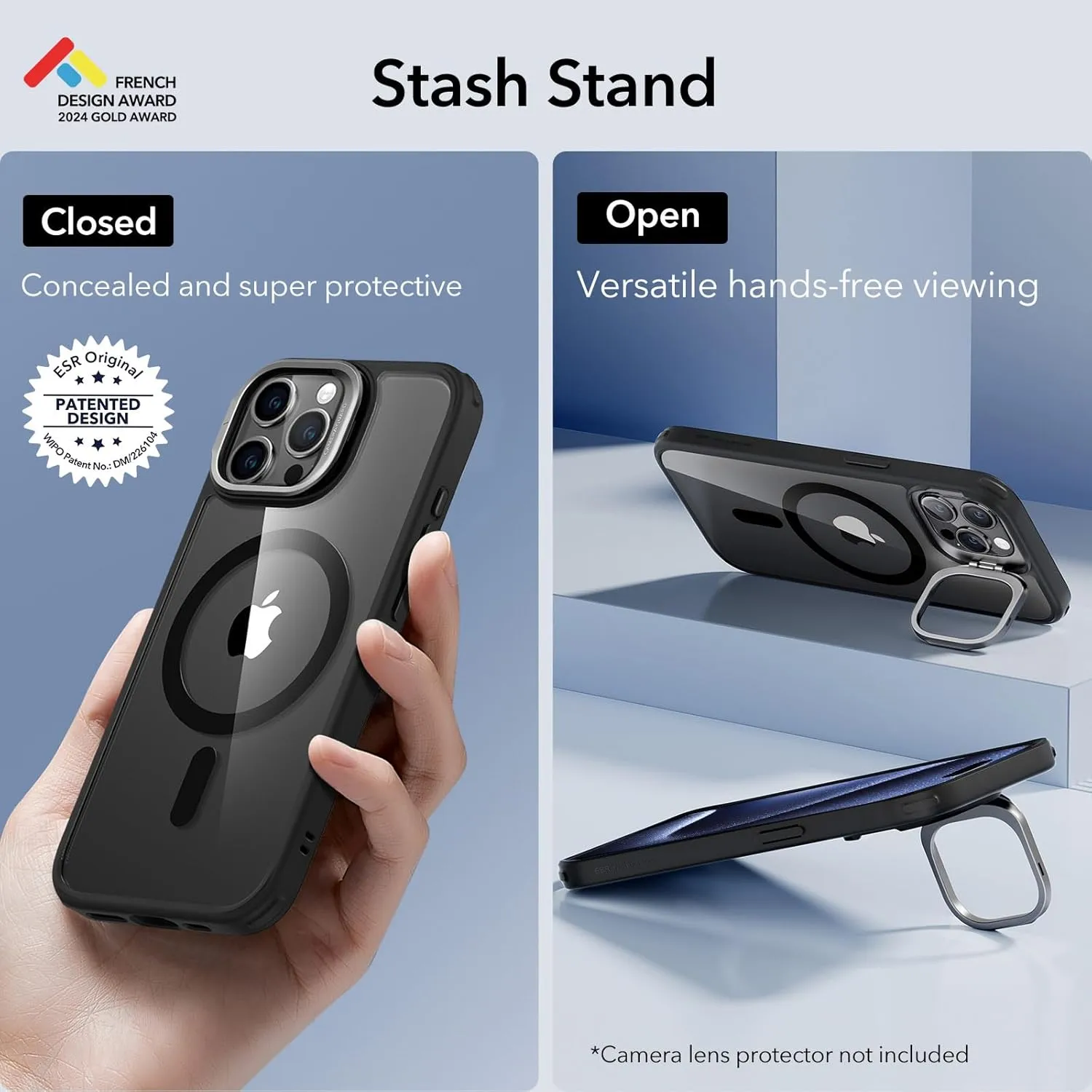 ESR for iPhone 15 Pro Max Case, Compatible with MagSafe, Military-Grade Protective Case, Built-in Stash Stand Phone Case, Scratch-Resistant Back Cover, Classic Series,Clear Black
