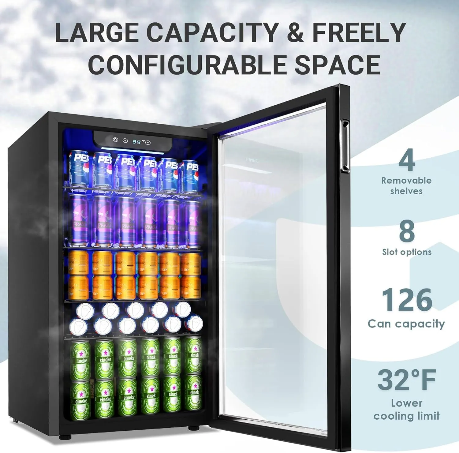 EUHOMY Beverage Refrigerator and Cooler, 126 Can Mini fridge with Glass Door, Small Refrigerator with Adjustable Shelves for Soda Beer or Wine, Home/Bar/Office, Black