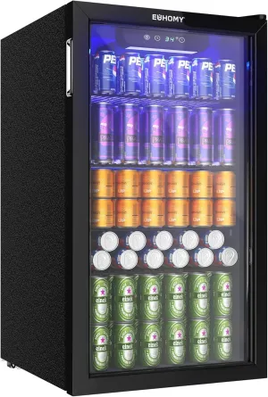 EUHOMY Beverage Refrigerator and Cooler, 126 Can Mini fridge with Glass Door, Small Refrigerator with Adjustable Shelves for Soda Beer or Wine, Home/Bar/Office, Black