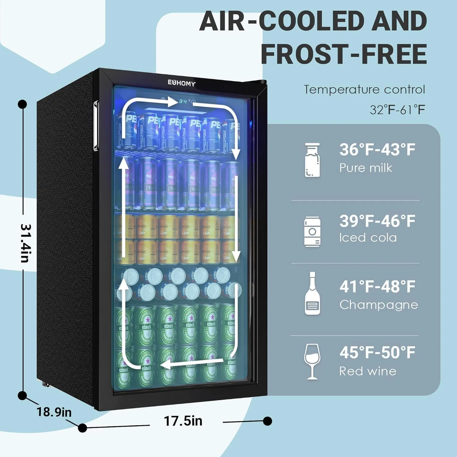 EUHOMY Beverage Refrigerator and Cooler, 126 Can Mini fridge with Glass Door, Small Refrigerator with Adjustable Shelves for Soda Beer or Wine, Home/Bar/Office, Black