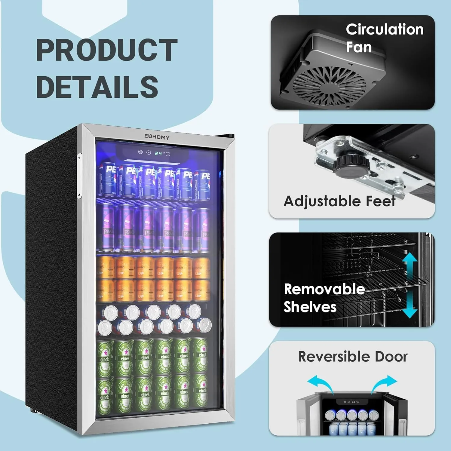 EUHOMY Beverage Refrigerator and Cooler, 128 Can Mini fridge with Glass Door, Small Refrigerator with Adjustable Shelves for Soda Beer or Wine, Perfect for Home/Bar/Office, Silver