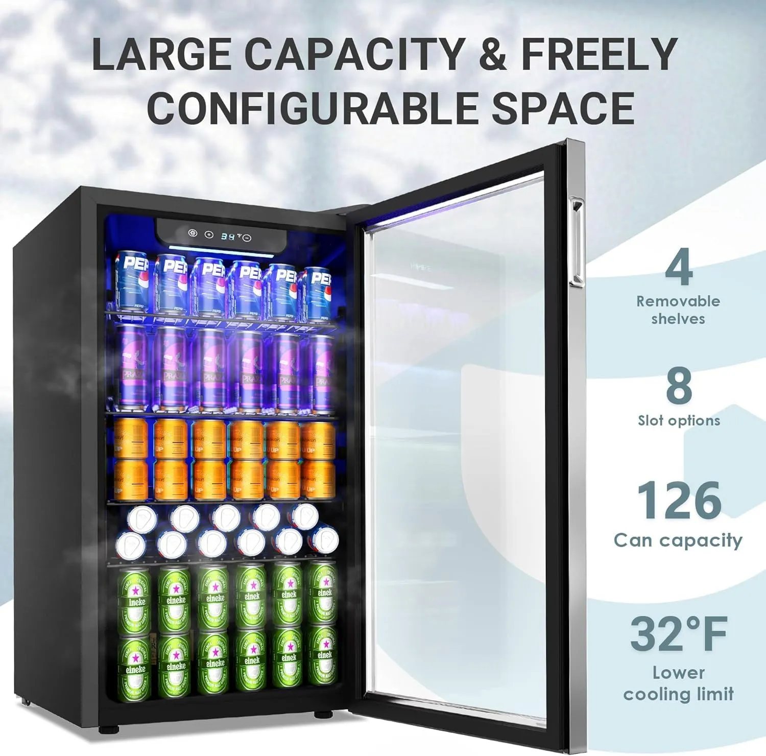 EUHOMY Beverage Refrigerator and Cooler, 128 Can Mini fridge with Glass Door, Small Refrigerator with Adjustable Shelves for Soda Beer or Wine, Perfect for Home/Bar/Office, Silver