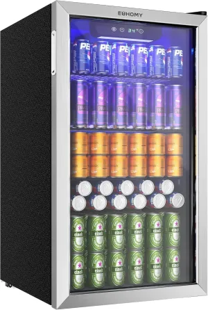 EUHOMY Beverage Refrigerator and Cooler, 128 Can Mini fridge with Glass Door, Small Refrigerator with Adjustable Shelves for Soda Beer or Wine, Perfect for Home/Bar/Office, Silver