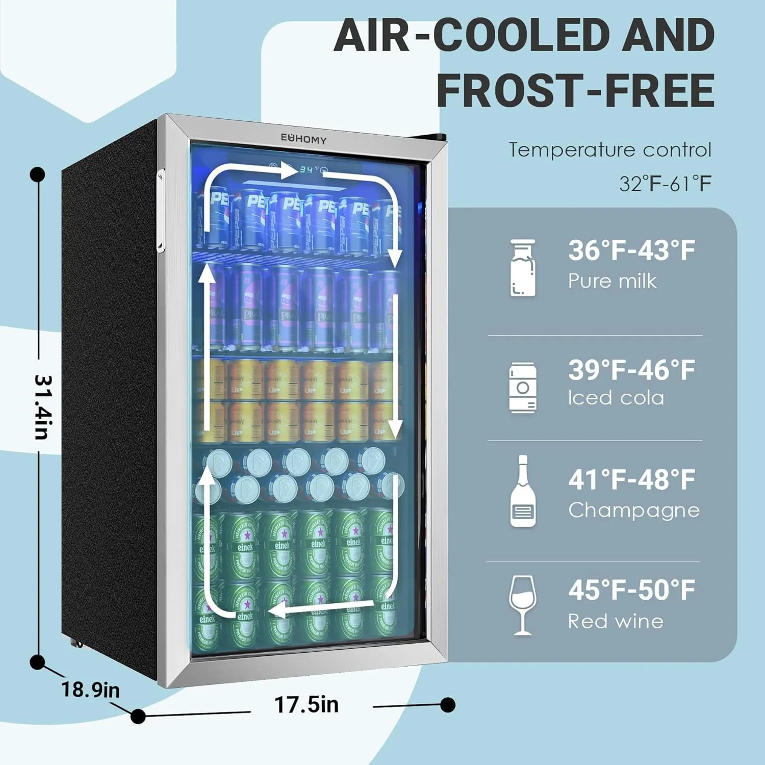EUHOMY Beverage Refrigerator and Cooler, 128 Can Mini fridge with Glass Door, Small Refrigerator with Adjustable Shelves for Soda Beer or Wine, Perfect for Home/Bar/Office, Silver