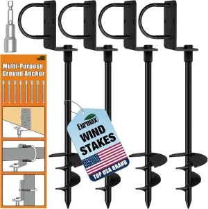 Eurmax USA Ground Anchors Heavy Duty Adjustable L-Shaped Head Shed Tent Stakes Trampoline Anchors, Trampoline Stakes for Sheds,Swing Sets,Mobile Home,Carports Set of 4(Black)