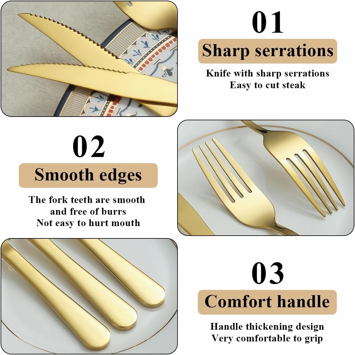 Evanda Gold Steak Knives Set 24 Piece, Gold Titanium Plating Stainless Steel 12 Dinner Forks and 12 Dinner Knives Set, Steak Knives Steak Forks, Dishwasher Safe