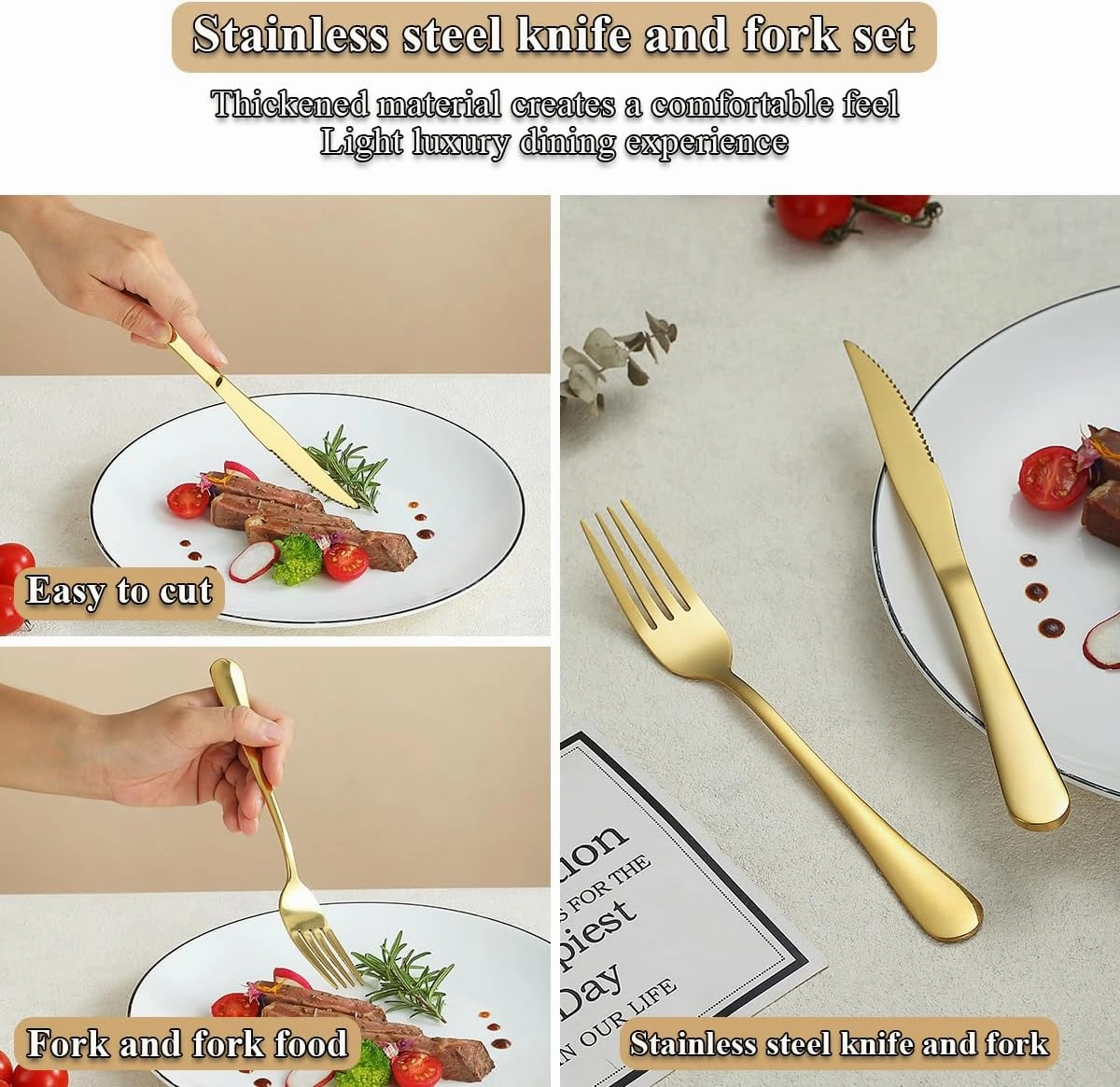 Evanda Gold Steak Knives Set 24 Piece, Gold Titanium Plating Stainless Steel 12 Dinner Forks and 12 Dinner Knives Set, Steak Knives Steak Forks, Dishwasher Safe
