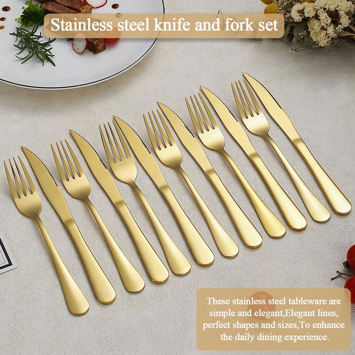 Evanda Gold Steak Knives Set 24 Piece, Gold Titanium Plating Stainless Steel 12 Dinner Forks and 12 Dinner Knives Set, Steak Knives Steak Forks, Dishwasher Safe