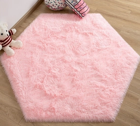 EVOIONOS Pink Hexagon Rug for Princess Tent, Fluffy Area Rug for Kids Room, 4x4.6 Feet for Girls Tent, Furry Soft Nursery Rug, Fuzzy Plush Carpet for Teen Girls Bedroom