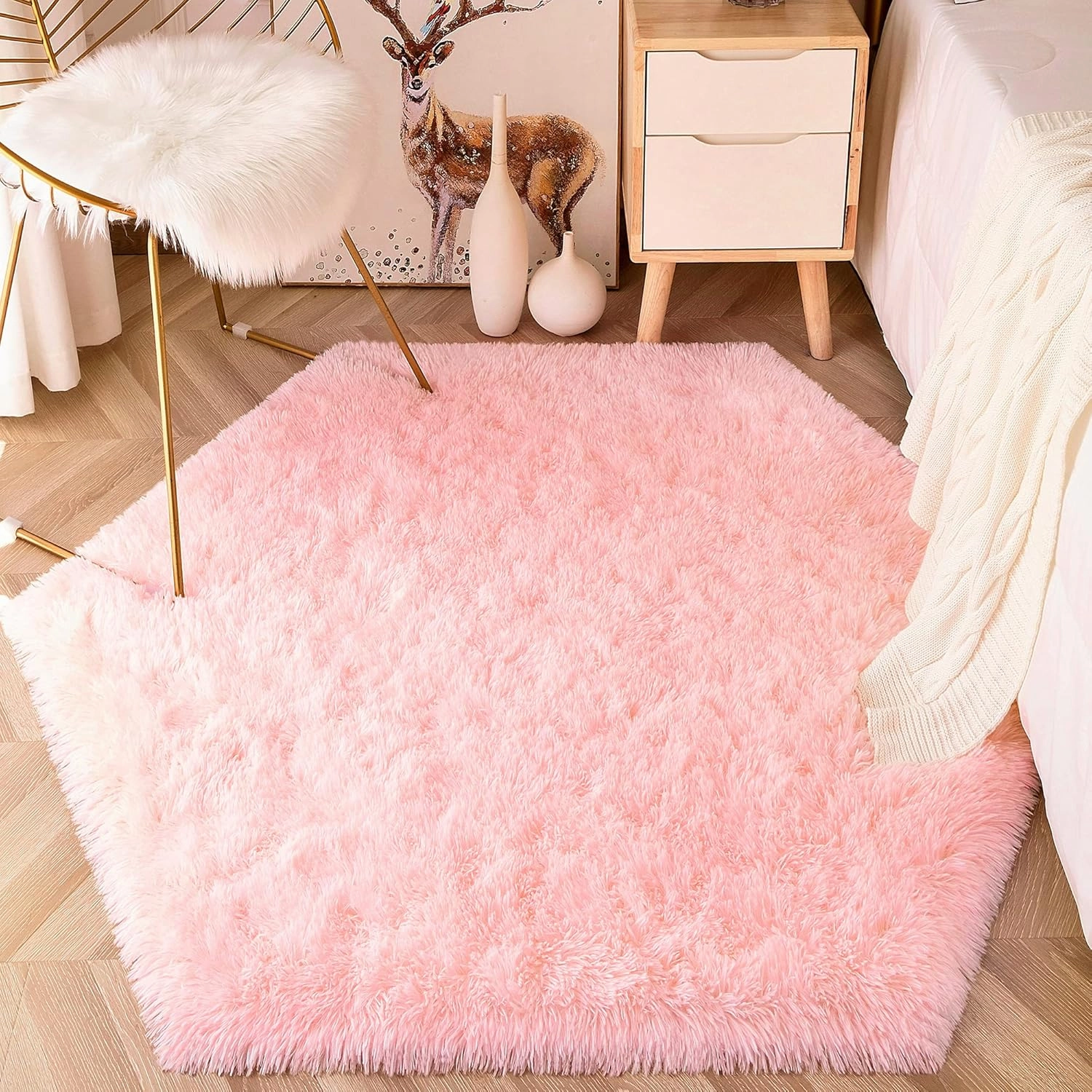 EVOIONOS Pink Hexagon Rug for Princess Tent, Fluffy Area Rug for Kids Room, 4x4.6 Feet for Girls Tent, Furry Soft Nursery Rug, Fuzzy Plush Carpet for Teen Girls Bedroom
