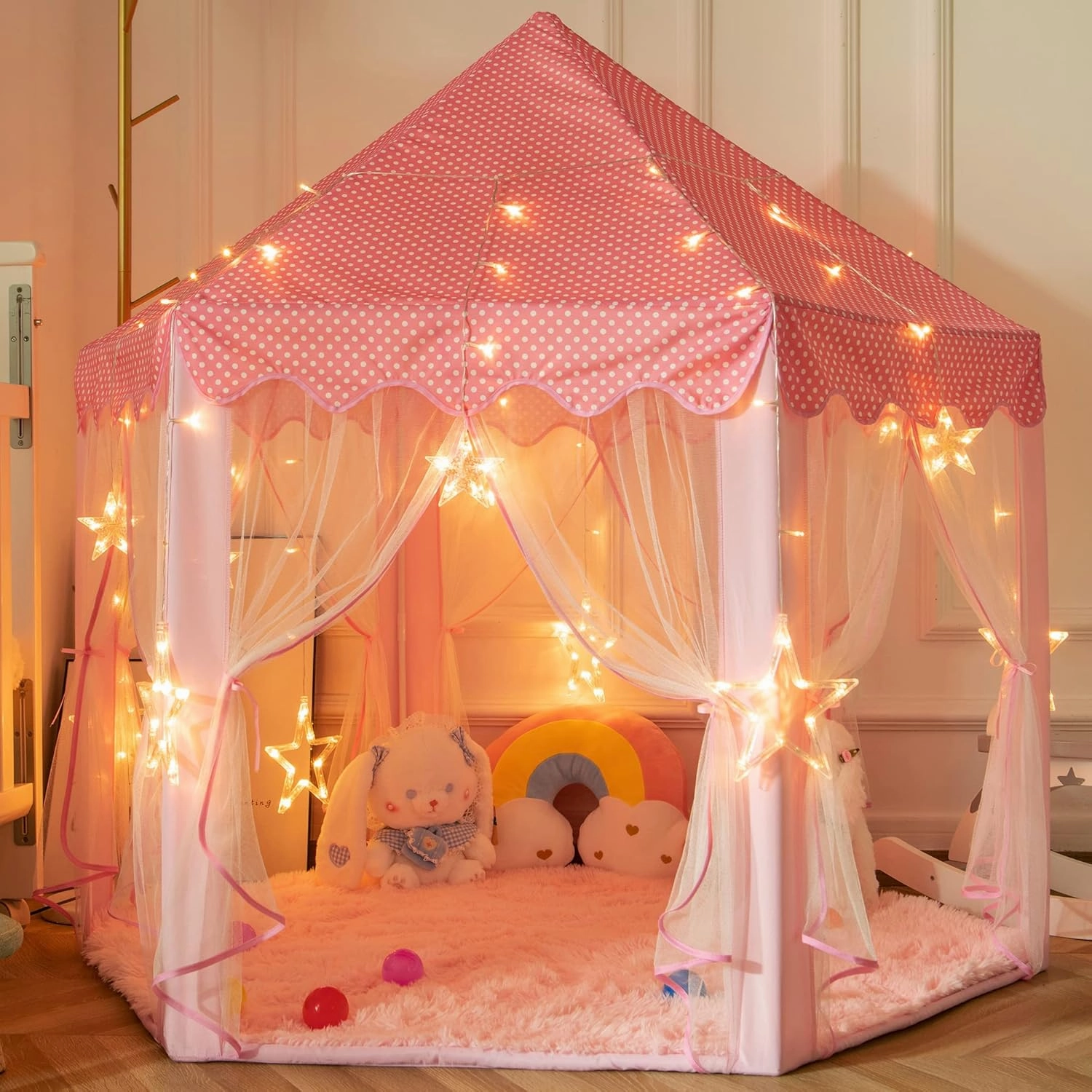 EVOIONOS Pink Hexagon Rug for Princess Tent, Fluffy Area Rug for Kids Room, 4x4.6 Feet for Girls Tent, Furry Soft Nursery Rug, Fuzzy Plush Carpet for Teen Girls Bedroom