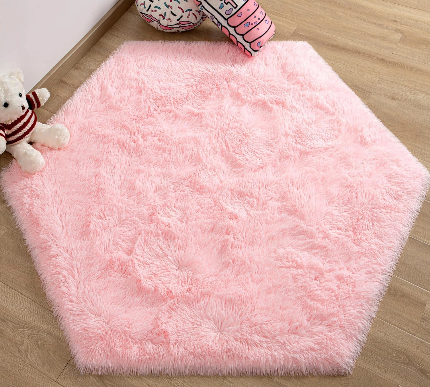 EVOIONOS Pink Hexagon Rug for Princess Tent, Fluffy Area Rug for Kids Room, 4x4.6 Feet for Girls Tent, Furry Soft Nursery Rug, Fuzzy Plush Carpet for Teen Girls Bedroom