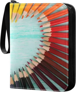 Exnundod 4 Pocket Trading Card Binder Colorful Pencils Heart PU Leather Card Collection Binder Wooden Sports Card Binder 400 Cards Organizer Binder Collectible Trading Card Albums