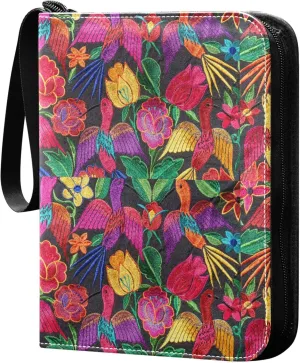 Exnundod 4 Pocket Trading Card Binder Embroidery Bird Flowers PU Leather Card Collection Binder Colorful Mexico 400 Cards Organizer Binder Collectible Trading Card Albums for Sports Game Card