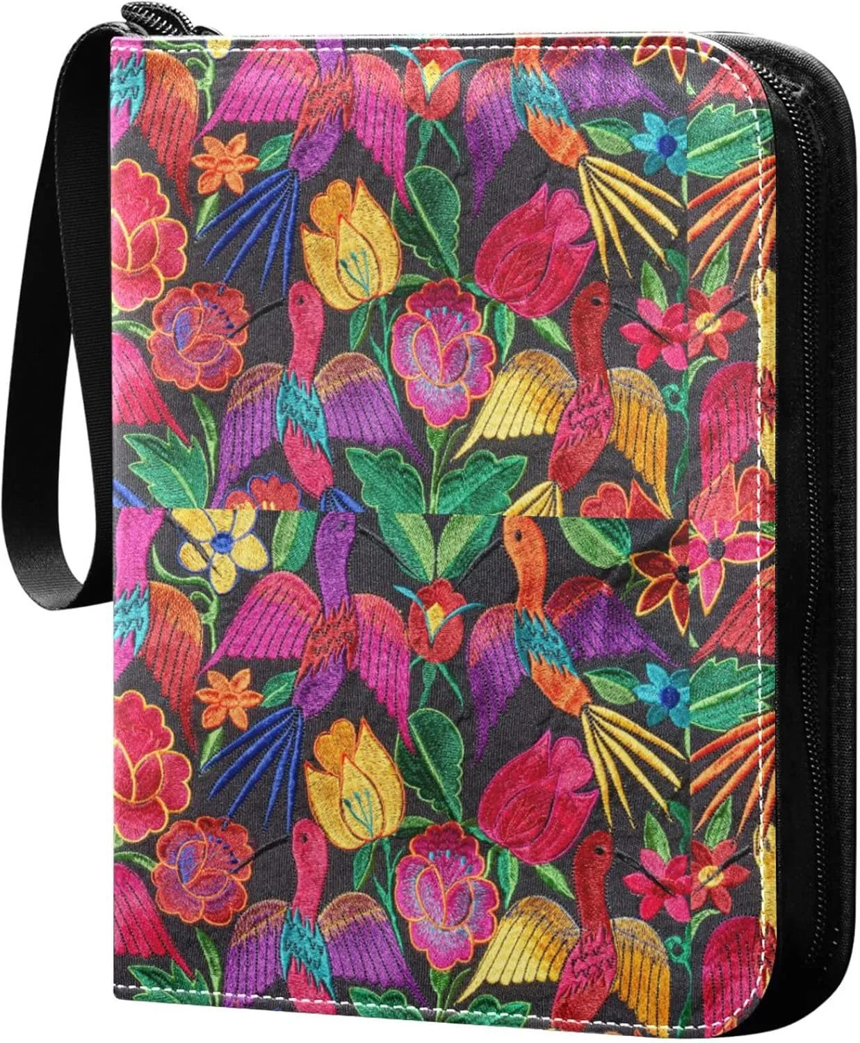 Exnundod 4 Pocket Trading Card Binder Embroidery Bird Flowers PU Leather Card Collection Binder Colorful Mexico 400 Cards Organizer Binder Collectible Trading Card Albums for Sports Game Card