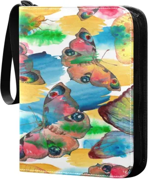 Exnundod 4 Pocket Trading Card Binder Exotic Butterflies Colorful, PU Leather Card Collection Binder Wild Insect Watercolor 400 Cards Organizer Binder Collectible Trading Card Albums for Sports Game