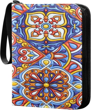 Exnundod 4 Pocket Trading Card Binder Mexican Ceramic Tile Pattern PU Leather Card Collection Binder Colorful Unique 400 Cards Organizer Binder Collectible Trading Card Albums for Sports Game Card