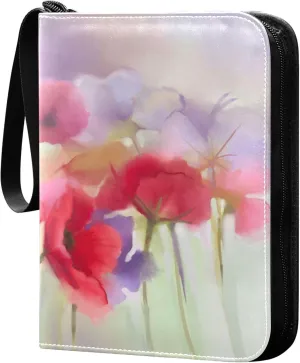 Exnundod 4 Pocket Trading Card Binder Spring Colorful Poppy, PU Leather Card Collection Binder Watercolor Dream 400 Cards Organizer Binder Collectible Trading Card Albums for Sports Game Card