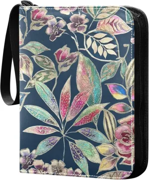 Exnundod Colorful Flowers and Leaves Trading Card Binder for Cards, Card Album 4-Pockets for 400 Cards with Removable Sleeves PU Baseball Card Holder Football Sports Card Collection
