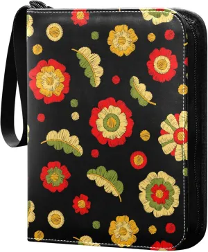 Exnundod Cute Embroidery Floral Trading Card Binder for Cards, Colorful Plants Flower Card Album 4-Pockets for 400 Cards with Removable Sleeves PU Baseball Card Holder Football Sports Card Collection