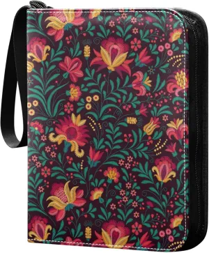 Exnundod Embroidery Flowers Ethnic Trading Card Binder for Cards, Floral Retro Colorful Card Album 4-Pockets for 400 Cards with Removable Sleeves PU Baseball Card Holder Football Sports Card Collecti