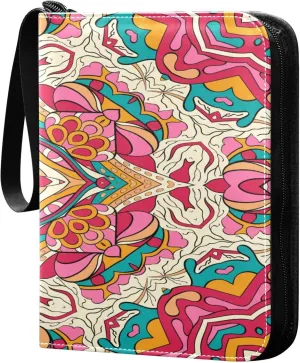 Exnundod Ethnic Colorful Theme Trading Card Binder for Cards, Ethnic Mexico Tribal Flower Card Album 4-Pockets for 400 Cards with Removable Sleeves PU Baseball Card Holder Football Spo