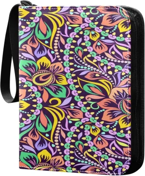 Exnundod Ethnic Paisley Floral Trading Card Binder for Cards, Ethnic Colorful Foliage Card Album 4-Pockets for 400 Cards with Removable Sleeves PU Baseball Card Holder Football Sports