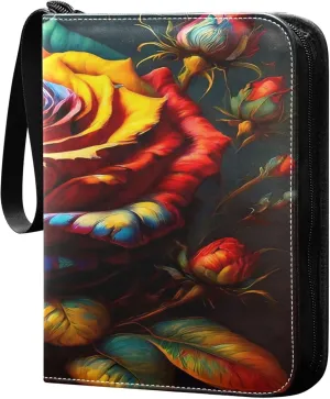 Exnundod Valentine's Day Colorful Rose Trading Card Binder for Cards, Blossoms Card Album 4-Pockets for 400 Cards with Removable Sleeves PU Baseball Card Holder Football Sports Card Collection