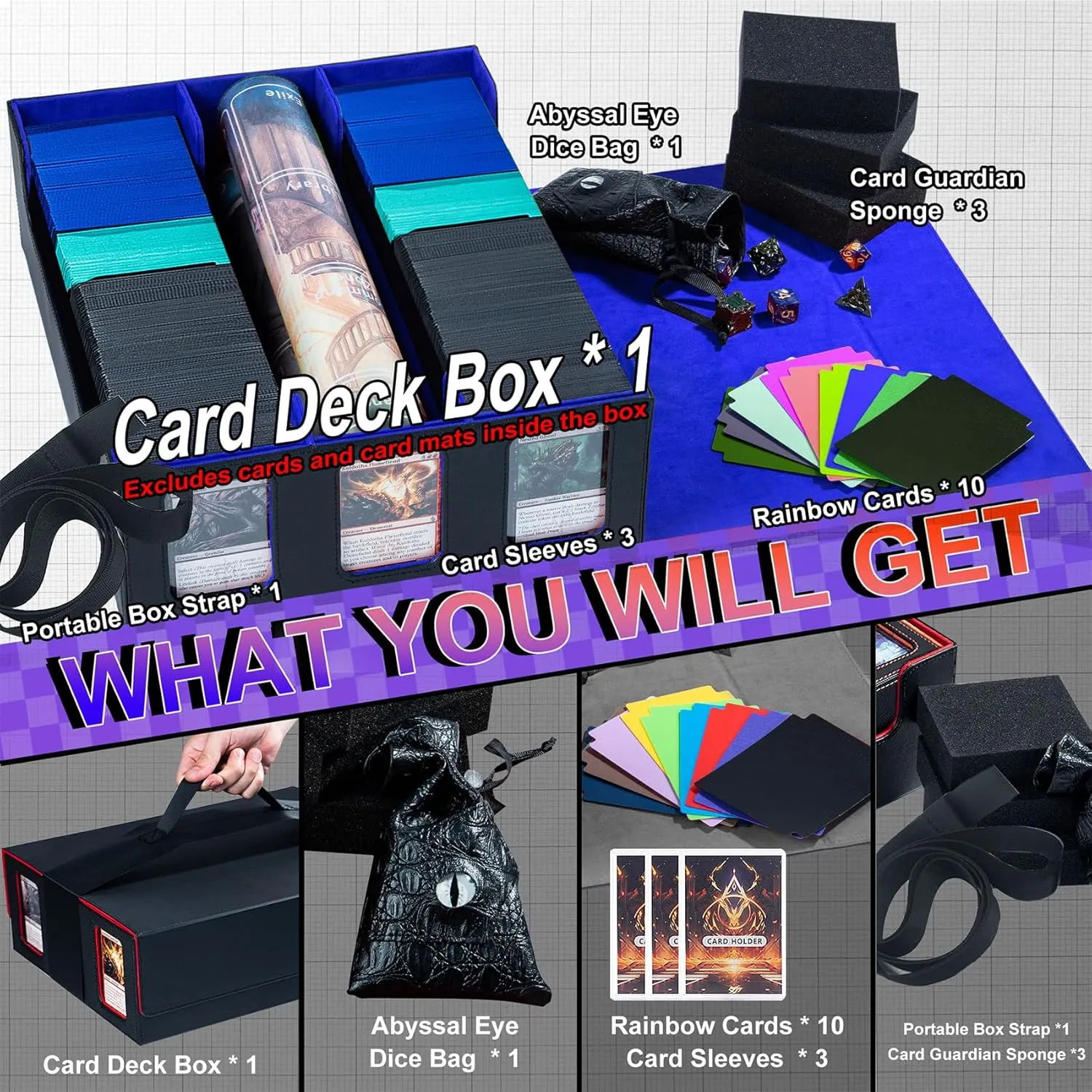 Extra Large Card Storage Box Holds 3600  Cards Compatible with 12 Small Deck Boxes, Includes Cthulhu Dice Bag, 10 Colorful Dividers, 4 Protective Foam Pads, Perfect for MTG (Black/Blue)