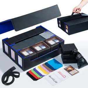 Extra Large Card Storage Box Holds 3600  Cards Compatible with 12 Small Deck Boxes, Includes Cthulhu Dice Bag, 10 Colorful Dividers, 4 Protective Foam Pads, Perfect for MTG (Black/Blue)