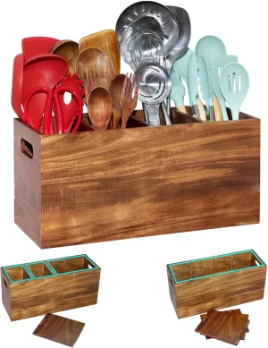 Extra Large Kitchen Utensil Holder with 4 Compartments，Acacia Wood Utensil Holder Counter，Suitable for Kitchen Countertops to Store Tableware and Cooking Tools Wooden Utensil Organizer