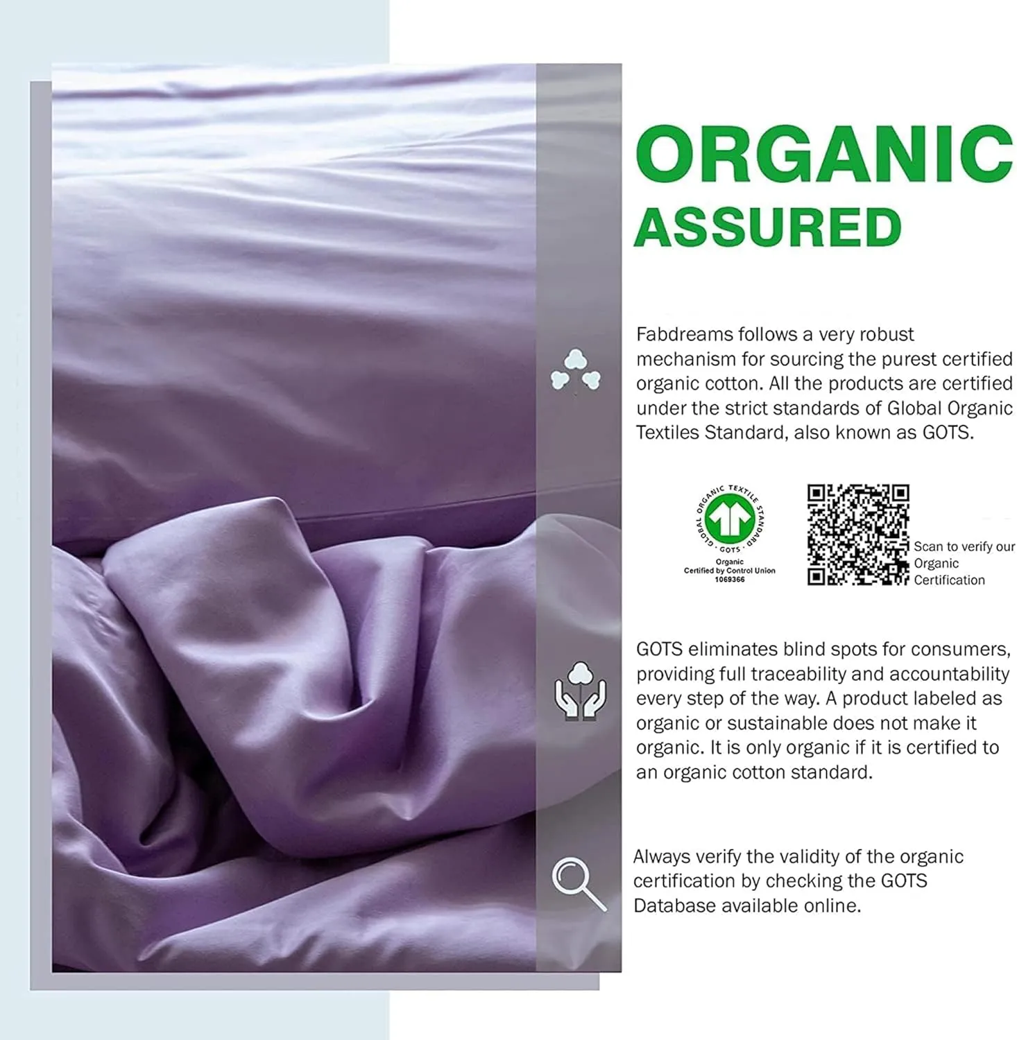 Fabdreams GOTS Certified 100% Organic Cotton Duvet Cover Queen Size - 400 TC Sateen - Soft - Silky - Zipper Closure - Edge Ties - 1 Duvet Cover (90"x92")   2 Pillow Shams (20"x26") - Lilac, 3 Piece