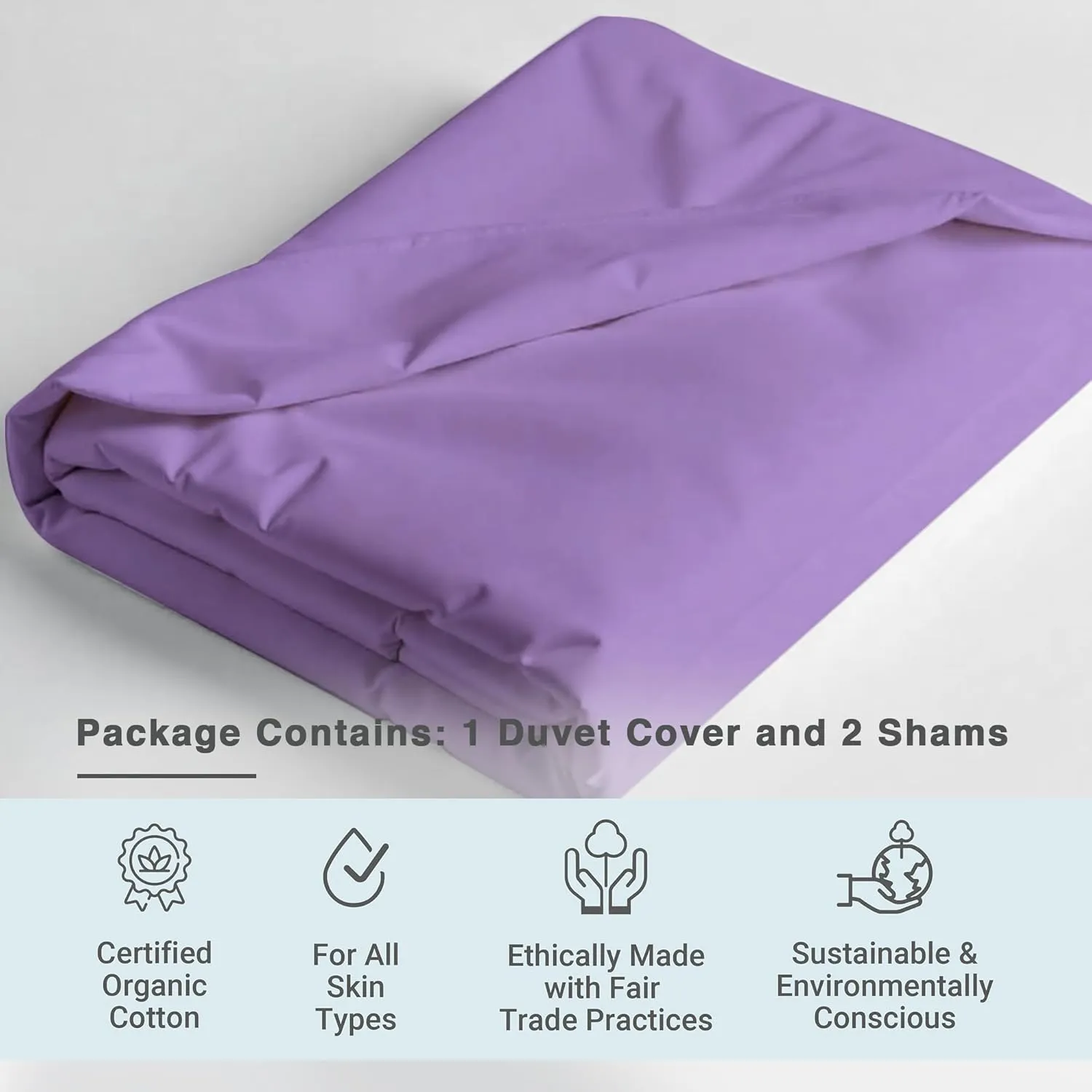 Fabdreams GOTS Certified 100% Organic Cotton Duvet Cover Queen Size - 400 TC Sateen - Soft - Silky - Zipper Closure - Edge Ties - 1 Duvet Cover (90"x92")   2 Pillow Shams (20"x26") - Lilac, 3 Piece