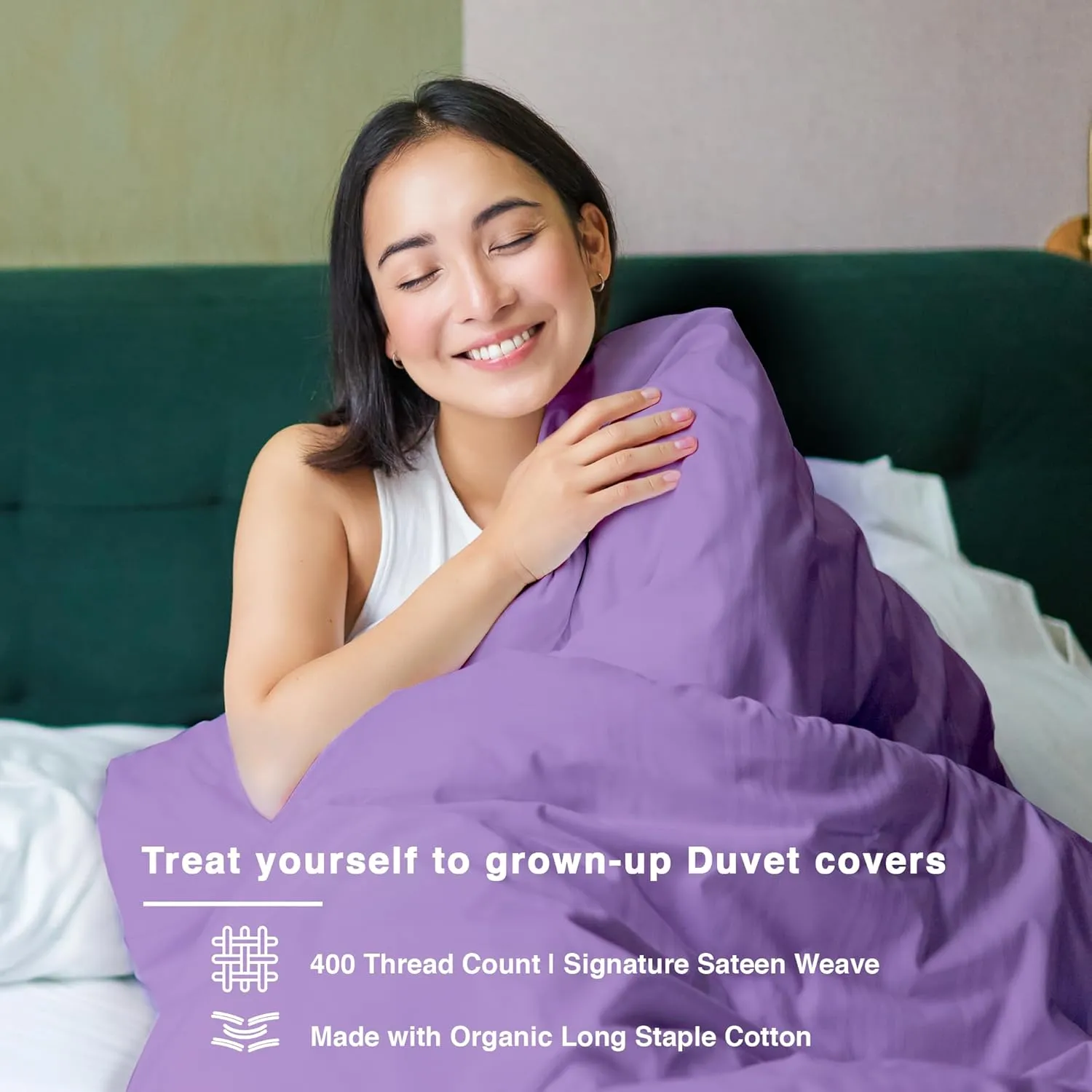 Fabdreams GOTS Certified 100% Organic Cotton Duvet Cover Queen Size - 400 TC Sateen - Soft - Silky - Zipper Closure - Edge Ties - 1 Duvet Cover (90"x92")   2 Pillow Shams (20"x26") - Lilac, 3 Piece